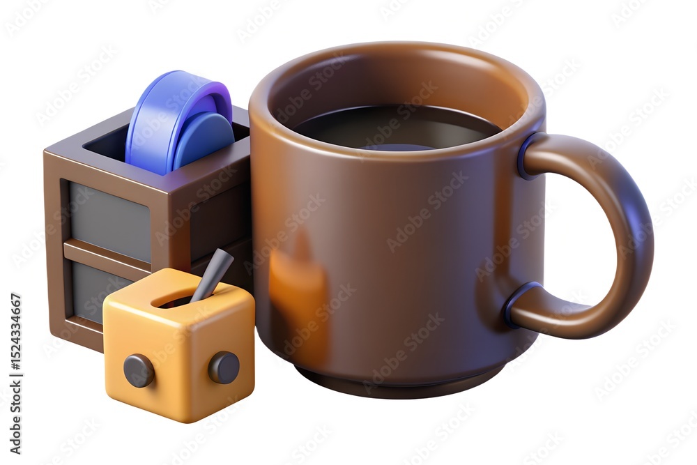 Poster 3d render of coffee mug with abstract objects