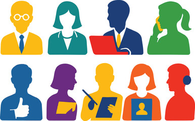 Diverse Business People in Various Activities, Colorful Icons