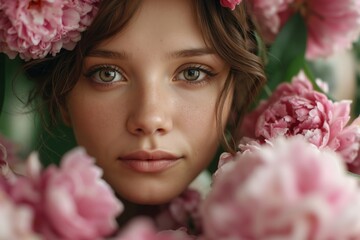 Fototapeta premium A woman with a flower crown on her head surrounded by pink flowers