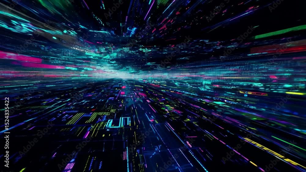 Poster futuristic digital warp through neon data streams in a hyperspeed tunnel
