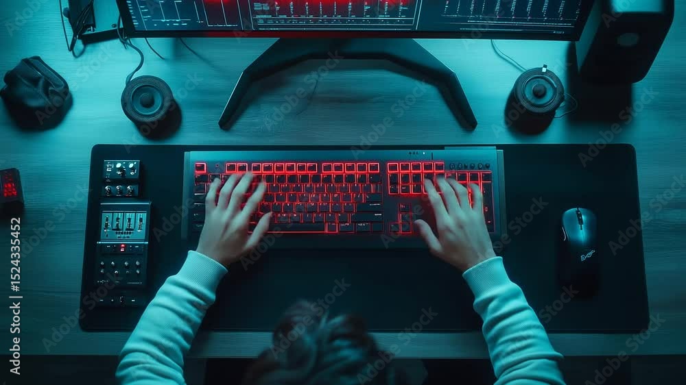 Poster top-down view of producer's hands rapidly moving across digital pad controller and keyboard, vibrant