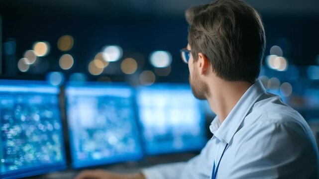 Engineer monitors real-time data on SCADA software in a high-tech control room.