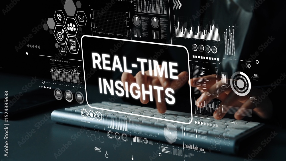 Aufkleber real-time insights: a business professional analyzing data with digital charts and graphs for strate