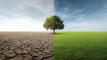 Contrast of a tree between drought and green land, symbolizing environmental change