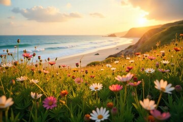 Serene coastal meadow bathed in golden sunlight, wildflowers swaying gently in the sea breeze Tranquil beach landscape, perfect for relaxation and escape , beach, sun, scenery