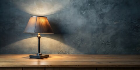 A black table lamp sits atop a wooden table on a gray wall, casting a warm glow over a cluttered room, ambient lighting, wooden table