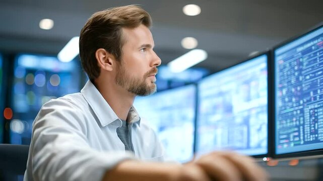 Engineer operates SCADA software in a digital factory control environment.