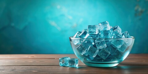Bowlful of blue ice cubes on teal-green wall near blue table