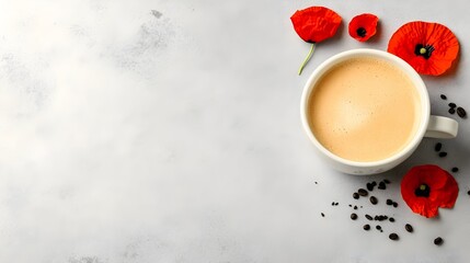 Flatlay of coffee in white mug, scattered coffee beans, and vibrant red poppy flowers on a light gray background