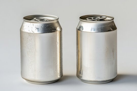 Two blank drink cans, Two empty drink cans positioned side by side on a plain surface