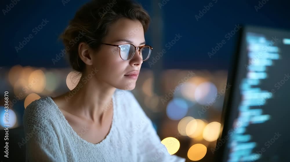 Poster a woman programmer working on code in a dimly lit office at night.