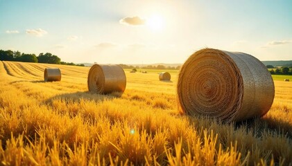 Sun-drenched hay bales, gently swaying in a summer breeze, create a serene and peaceful pastoral scene Perfect for relaxation and countryside themes , golden hour, sky, natural