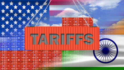 tariffs word on loading container with indian and usa national flag  concept for new regulations in Trade policy. container background with tariffs word.