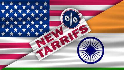 new tariffs on India by the us government concept with waving usa and indian national flag background. import export rules and regulations by government concept.