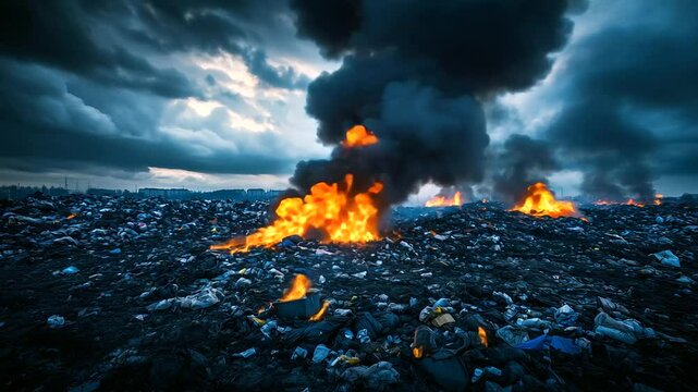 Wide shot of a trash fire in an urban environment, dark smoke clouds filling the sky, flames fiercely burning through piles of waste, highlighting the pollution and environmental r