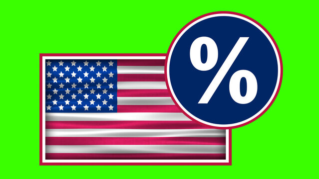 Tariff sign and icon  with persentage and waving usa flag on green screen. concept for new usa trade policy.