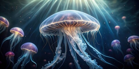 Ethereal jellyfish floats in dark water with translucent bodies and long tentacles, oceanic ecosystem, mysterious marine animals