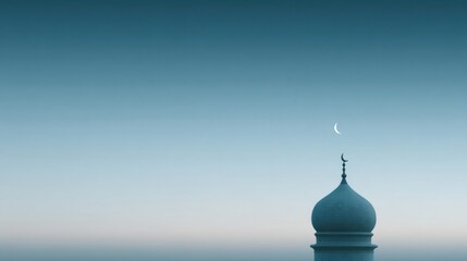 Mystical crescent moon gently hovers above azure mosque dome, evoking serenity during Ramadan and Eid under twilight whispers