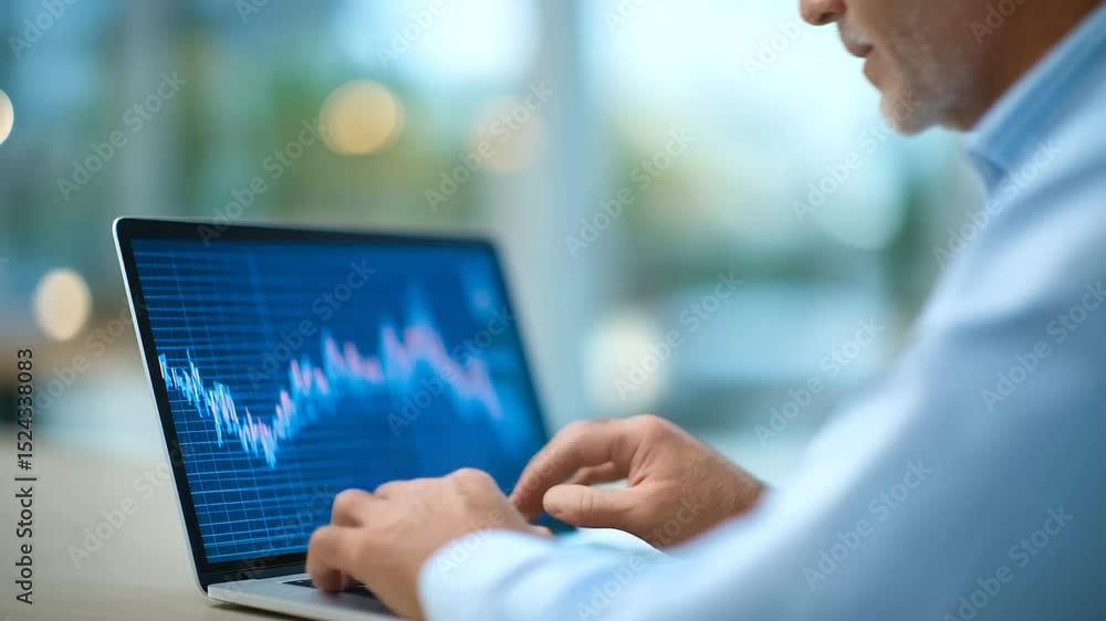 Poster a financial analyst in an office setting uses medical software to conduct data analysis.