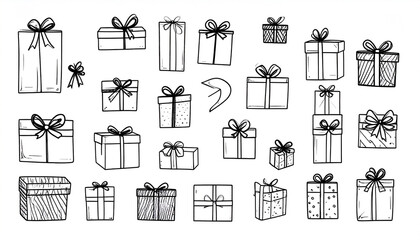 A whimsical collection of hand-drawn present boxes, varying in size, shape, and pattern, adorned with ribbons and bows, conveying a celebratory and festive mood