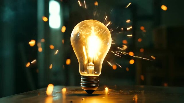 A broken lightbulb igniting in a dimly lit room, sparks flying from the shattered glass as small flames begin to burn the electrical components