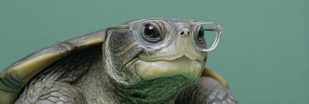 Astute turtle donning spectacles exudes scholar vibes on World Turtle Day, celebrating quirky wisdom and reptilian intrigue