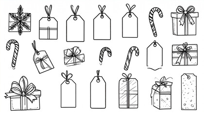 Hand-drawn collection of blank gift tags, wrapped presents, and candy canes, perfect for festive crafting or design projects