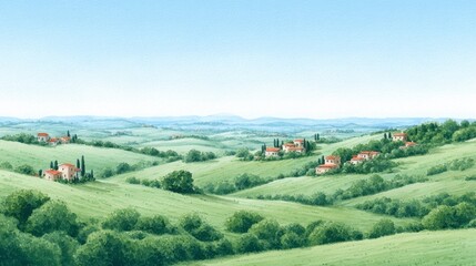 Fototapeta premium Rolling emerald hills embrace quaint terracotta rooftops, evoking Tuscan serenity, perfect for Festa della Repubblica or earth magic meditations