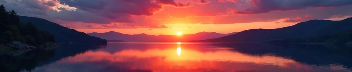 Serene sunset over a tranquil lake, reflecting the fiery colors of the twilight sky The stillness of nature is beautifully captured in this late landscape scene , meadow, beauty, reflection