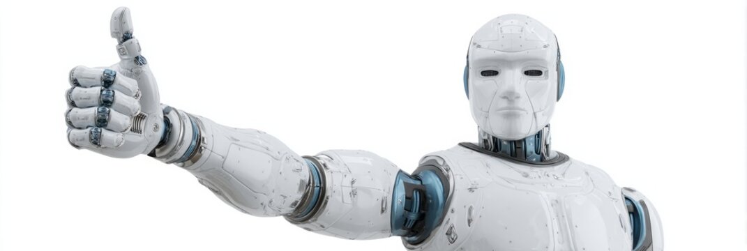 A futuristic robot extends a cybernetic thumb-up, embracing tech zeitgeist and World Robotics Day's innovation carnival