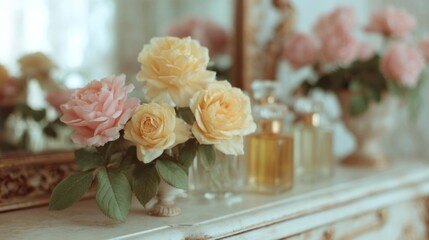 Fototapeta premium Elegant rose reflections in vintage mirror, soft nostalgia, Mother's Day sentiment, Victorian charm, with delicate fragrance allure