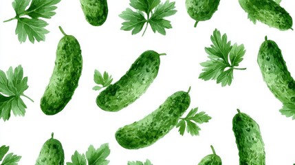 Verdant cucumbers dance amidst a parsley parade, evoking eccentric pickle festivals and verdure-centric solstices in a dreamy collage
