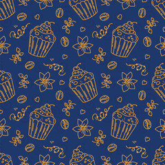 Coffee cocktails. Seamless sketch-style pattern. A drawing of sweets and coffee, a background in the form of flat lines of hot drinks. Repeating texture for cafe menus, wrapping paper.