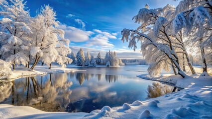 Frozen lake and snow-covered trees after a heavy snowfall in winter landscape