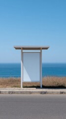 A solitary bus stop gazes over a tranquil ocean, whispering tales of ephemeral journeys and Day of Tranquility