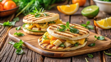 Sliced arepas with melted cheese and grilled chicken on a wooden table, surrounded by fresh herbs and citrus fruits, against a warm and cozy background, Breakfast Lunch Snack, Vibrant Arepas