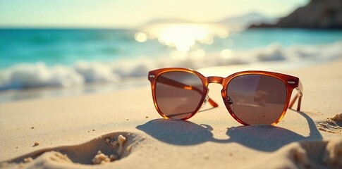 Relaxing beach scene with stylish sunglasses left on the sand, sun reflecting off the lenses Perfect for summer travel, vacation, and holiday themes , waves, sun