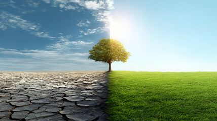 Contrast of a tree between drought and green land, symbolizing environmental change
