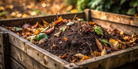 Dark brown soil and decaying leaves in a backyard composter, natural cycle