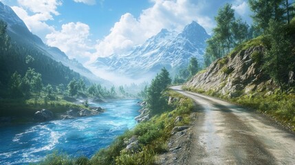 Fototapeta premium Mountain road next to a river with clear blue water, background wallpaper AI generated image