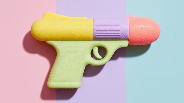 Colorful water gun on pastel background, perfect for summer solstice shenanigans or Holi jubilance, quirky playtime emblem