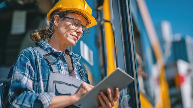 Female Engineer Using Tablet for BIM Coordination in Construction Site