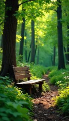 Serene woodland scene featuring a rustic wooden bench nestled amongst lush greenery, bathed in dappled sunlight Perfect for relaxation and nature imagery , woodland, summer