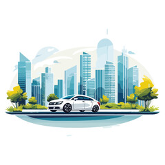 Urban Cityscape Scene with Vehicle Driving, Modern Buildings, Street, Transport, Downtown Environment
