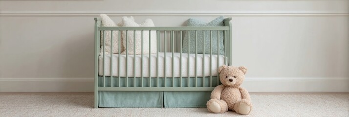 Gentle sage-green crib, plush teddy guardian, whispers of new beginnings, soft nursery dreams, inspired by Pagan-inspired Ostara celebrations
