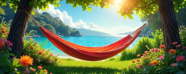 Sun-drenched hammock swaying gently in a breeze, surrounded by lush greenery and vibrant flowers Perfect lazy summer day scene Ideal for relaxation, vacation, and summer themes , beauty, sun, getaway