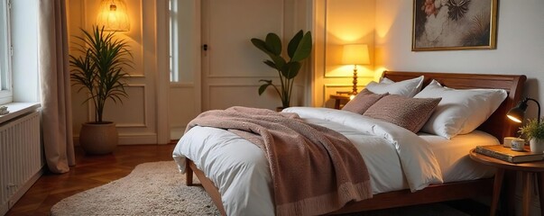 Cozy and inviting bedroom, soft lighting, plush bedding, perfect for relaxation and peaceful sleep , furniture, comfortable, darkness