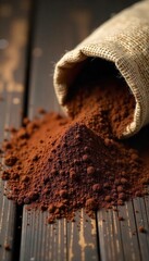 A rich, dark cocoa powder spills from a burlap sack onto a rustic wooden surface, creating a delicious, textural image ideal for food blogs and packaging , cocoa beans, healthy