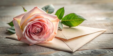A delicate rose with a sealed envelope on its petals, creating a sense of mystery and intrigue, botanical still life, natural beauty