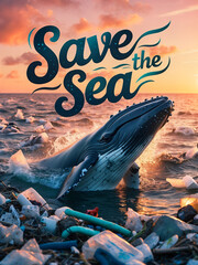 campaign "save the sea" with a big blue whale, sunset mood